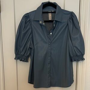 Dolan Steel Blue Puff Sleeve Pleather Blouse